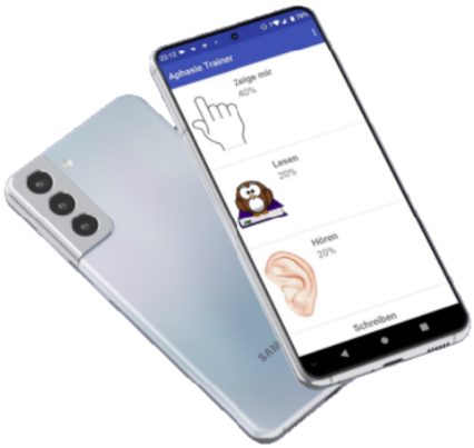 Hauptmenü der AphasiaAid-App auf dem Smartphone mit großen Schaltflächen für Wortübungen, Gedächtnistraining und Rechenaufgaben – gestaltet für eine einfache Bedienung nach einem Schlaganfall.
