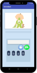 Screenshot der Schreibübung in der AphasiaAid-App zur Förderung der Sprachproduktion und Orthografie.