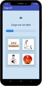AphasiaAid 'Zeig mir' Übung - Aphasie Sprachtherapie App mit Bild-Wort-Zuordnung auf Tablet für Schlaganfall-Rehabilitation mit großen Buttons