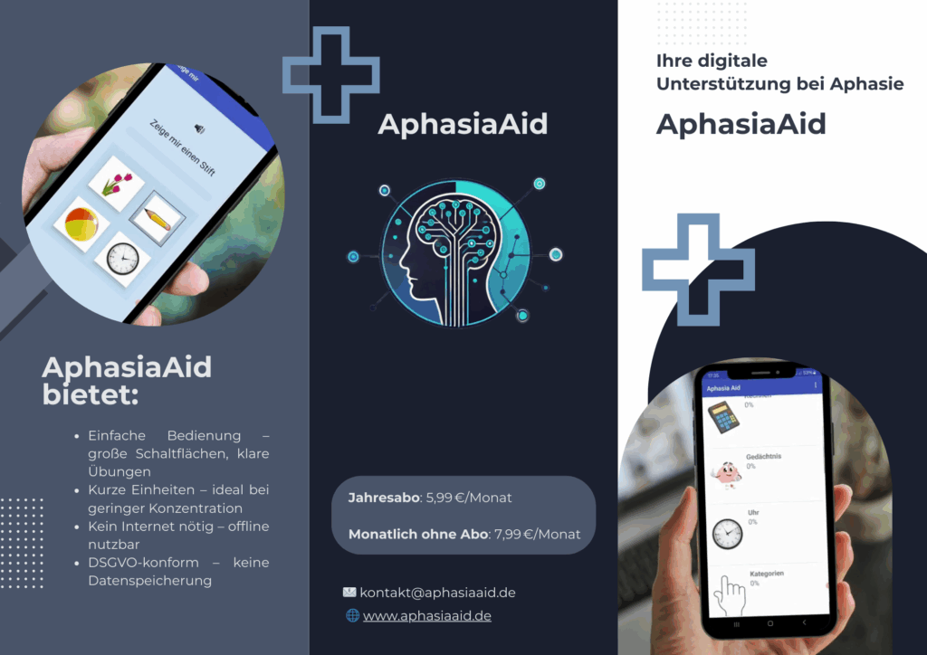 Flyer der AphasiaAid App – digitale Unterstützung für Sprachtherapie bei Aphasie, mit klaren Übungen und inklusivem Design