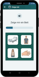 AphasiaAid 'Zeig mir' Übung - Aphasie Sprachtherapie App mit Bild-Wort-Zuordnung auf Tablet für Schlaganfall-Rehabilitation mit großen Buttons