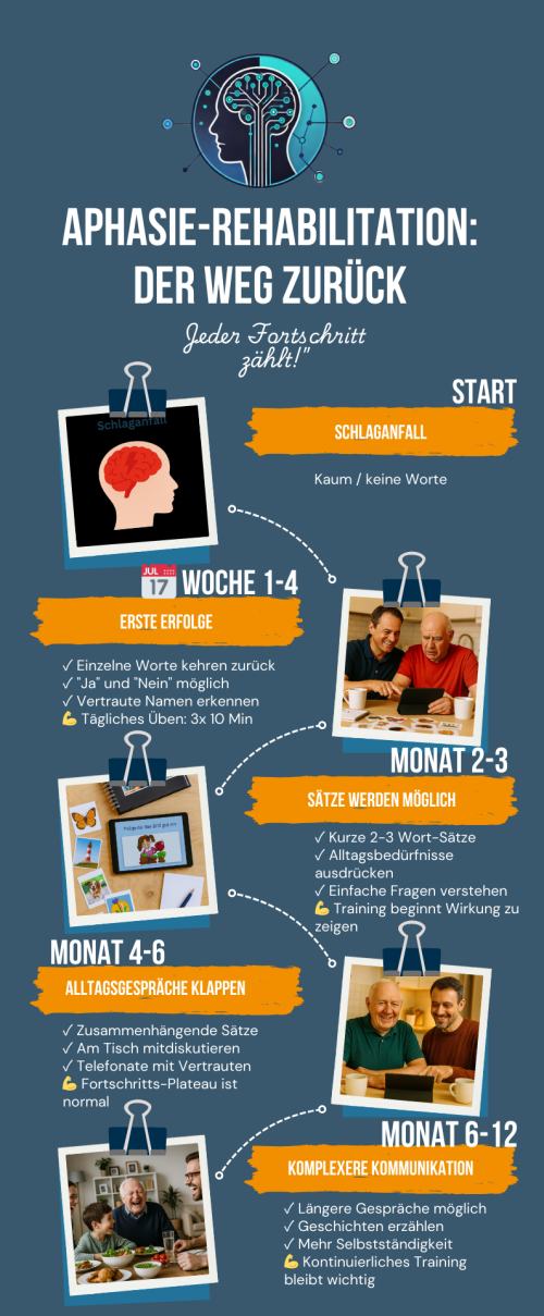 Infografik: Typischer Rehabilitationsverlauf bei Aphasie über 12 Monate