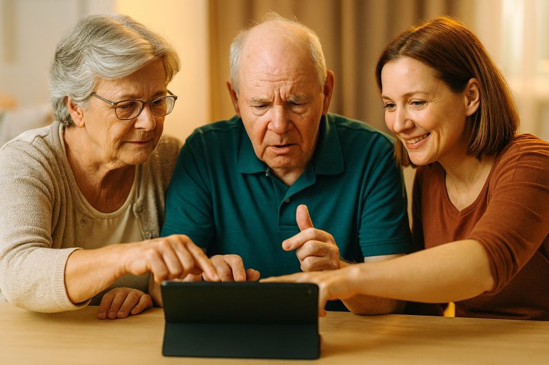 Angehörige üben gemeinsam mit Aphasie-Patient am Tisch, warmherzige Atmosphäre