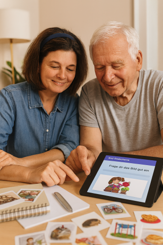 Bildkarten, Kommunikationstafel und Tablet mit AphasiaAid App auf Tisch